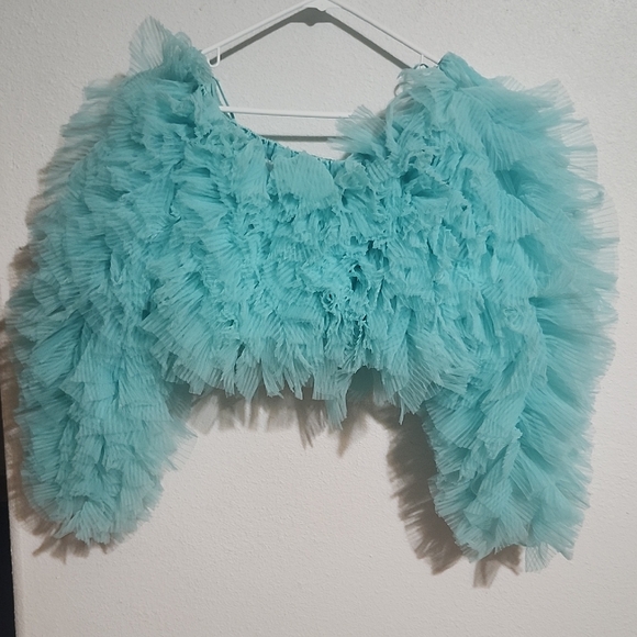Selezza London Tops - Selezza London Ruffled Mesh Crop Top in Aqua Size S